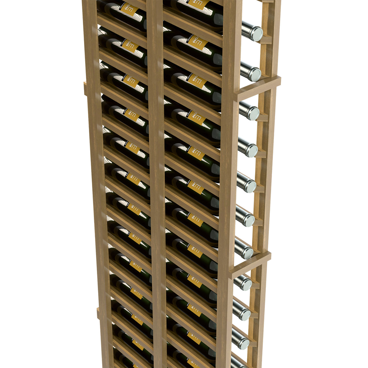 Double-deep wine rack with bottle cradles and silver metal holders on wood