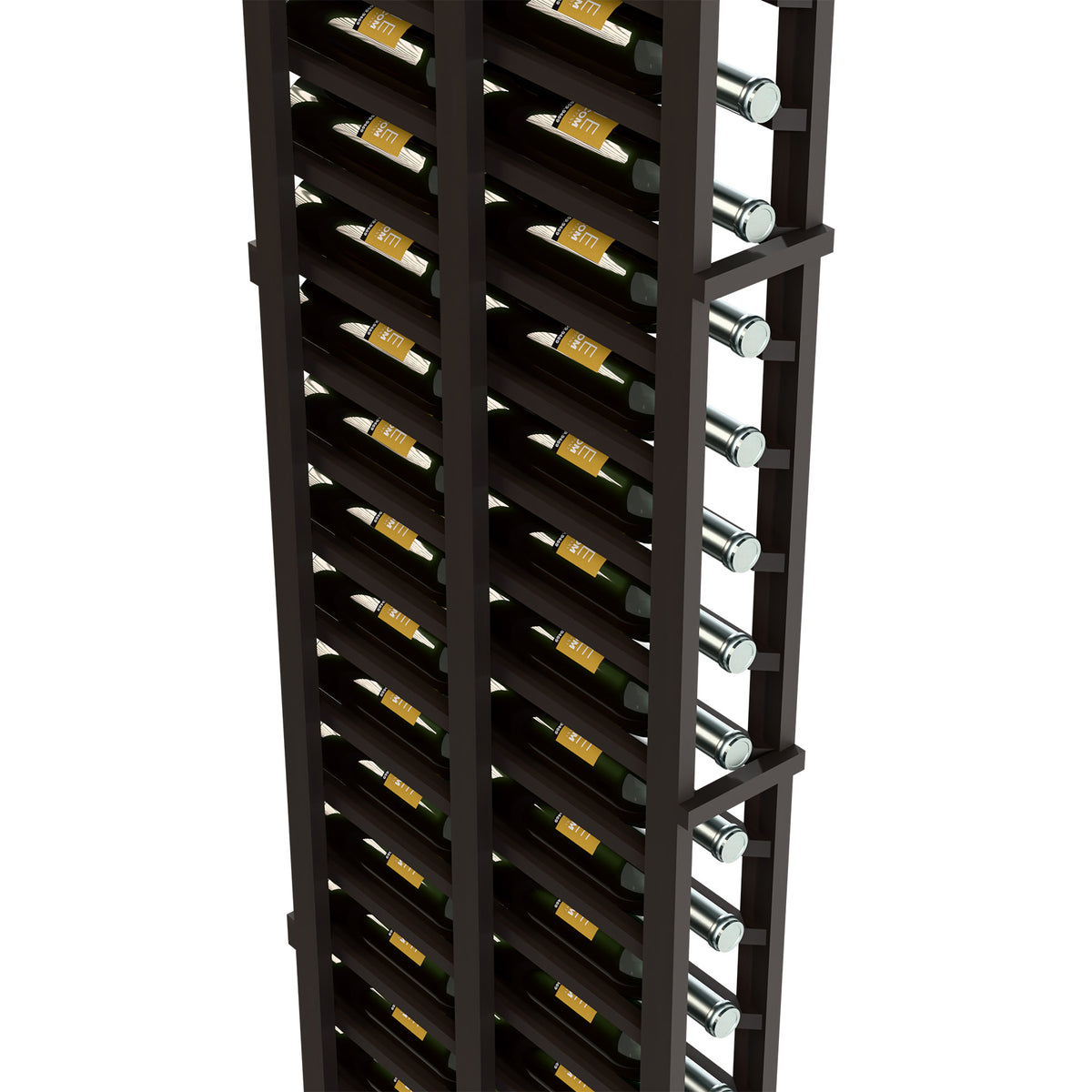Dark wine rack with double rows of bottle slots and silver metal pegs