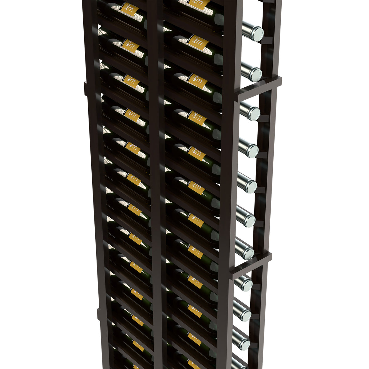 Close-up of dark double-deep wine rack with bottle slots and silver metal holders