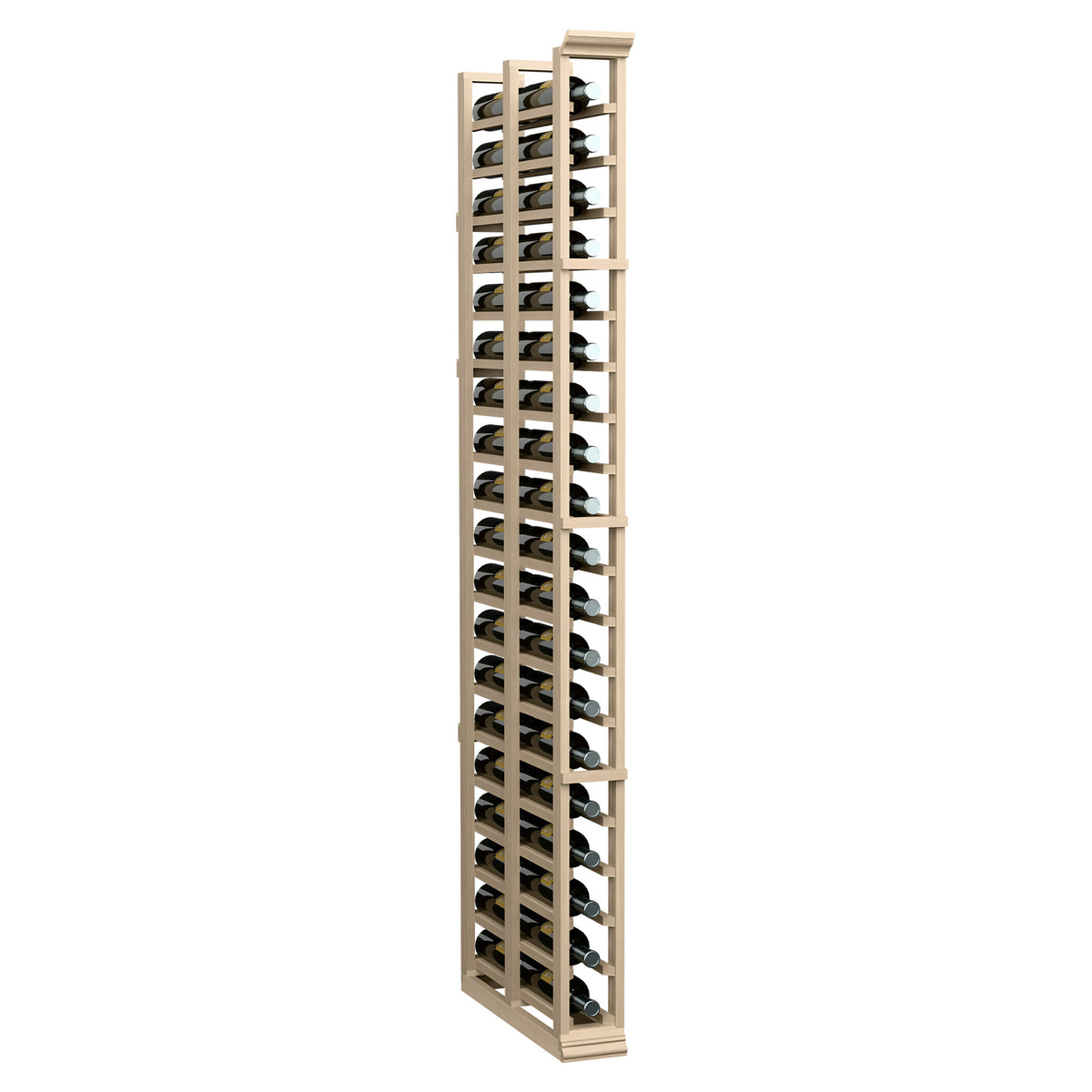 Wood wine rack with double-deep slots, holding bottles, tall 6-foot style frame