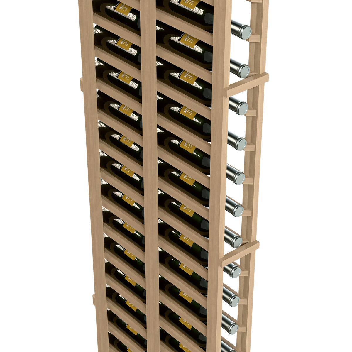 Close-up of light wood double-deep wine rack with bottle slots and metal rails