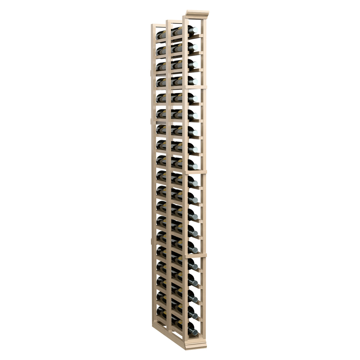 Tall light wood wine rack with double-deep bottle storage and divider frames