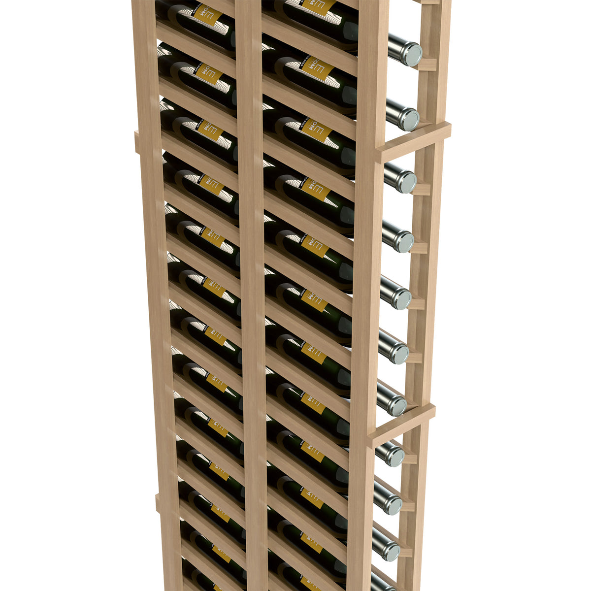 Light wood double-deep wine rack detail with bottle rows and silver support knobs
