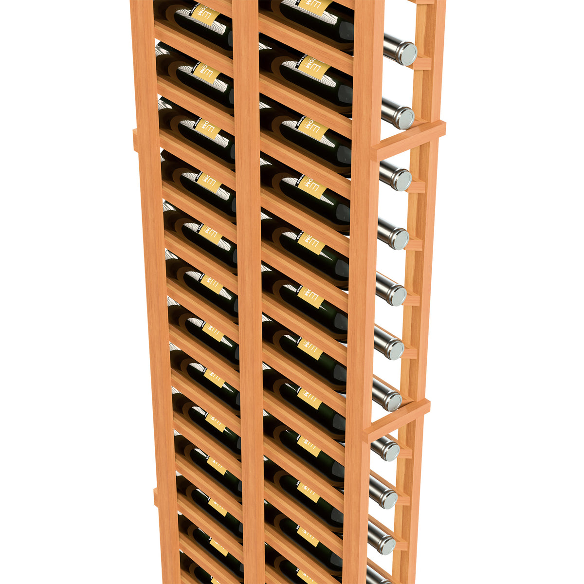 Close-up of mahogany-toned double-deep wine rack with bottle slots and metal knobs