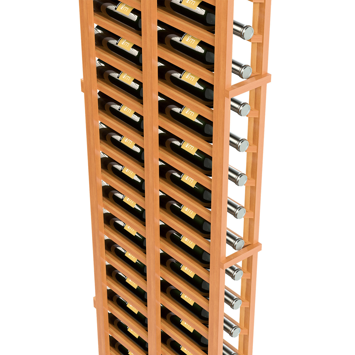 Detail view of mahogany-toned double-deep wine rack with bottle rows and silver knobs