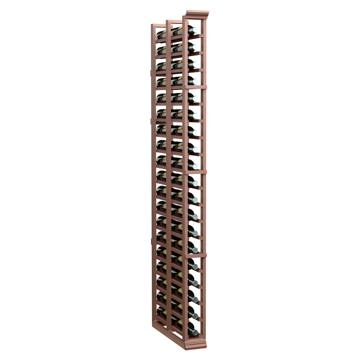 Tall dark wood wine rack with double-deep slots for wine bottles
