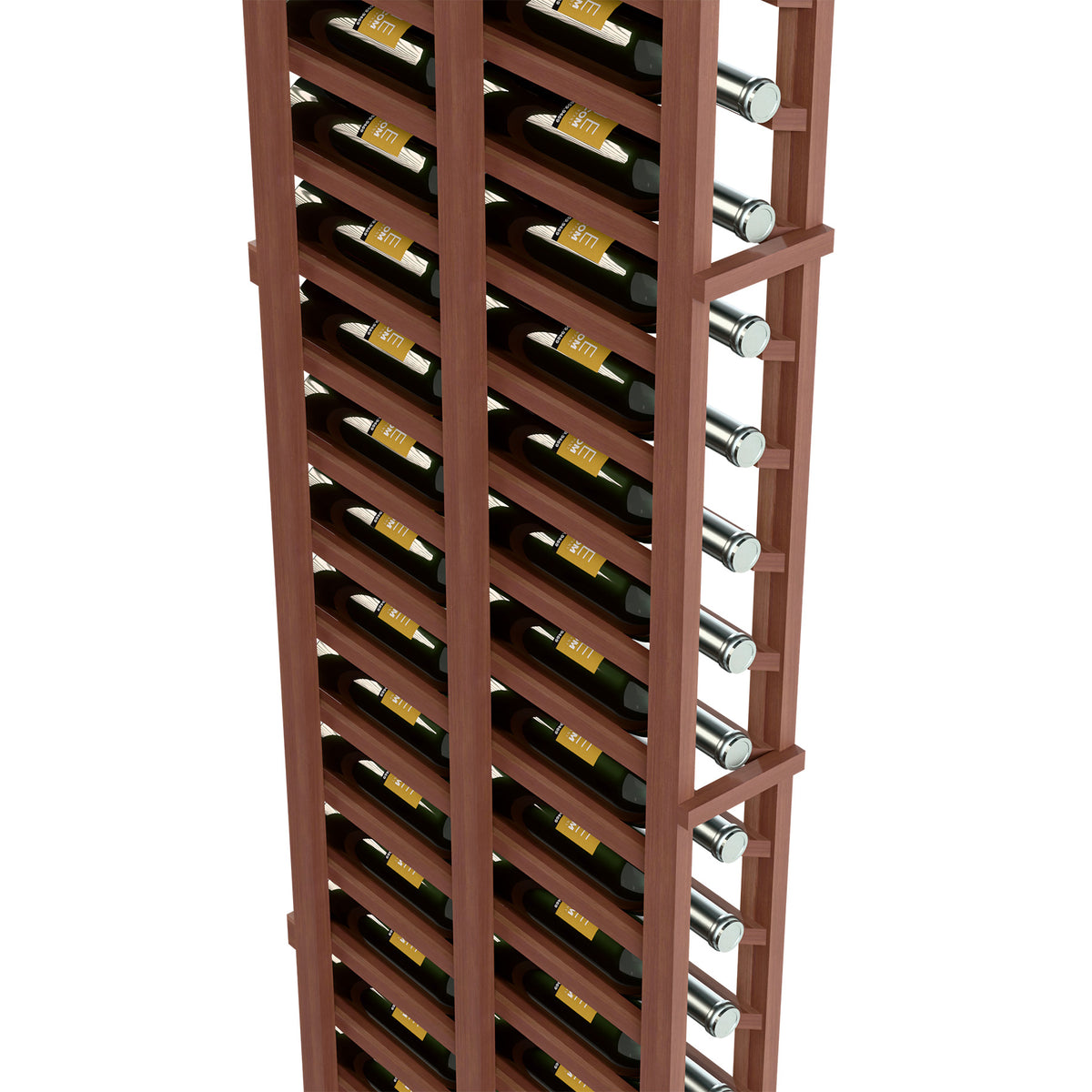 Close-up of dark wood double-deep wine rack with bottle slots and silver support knobs