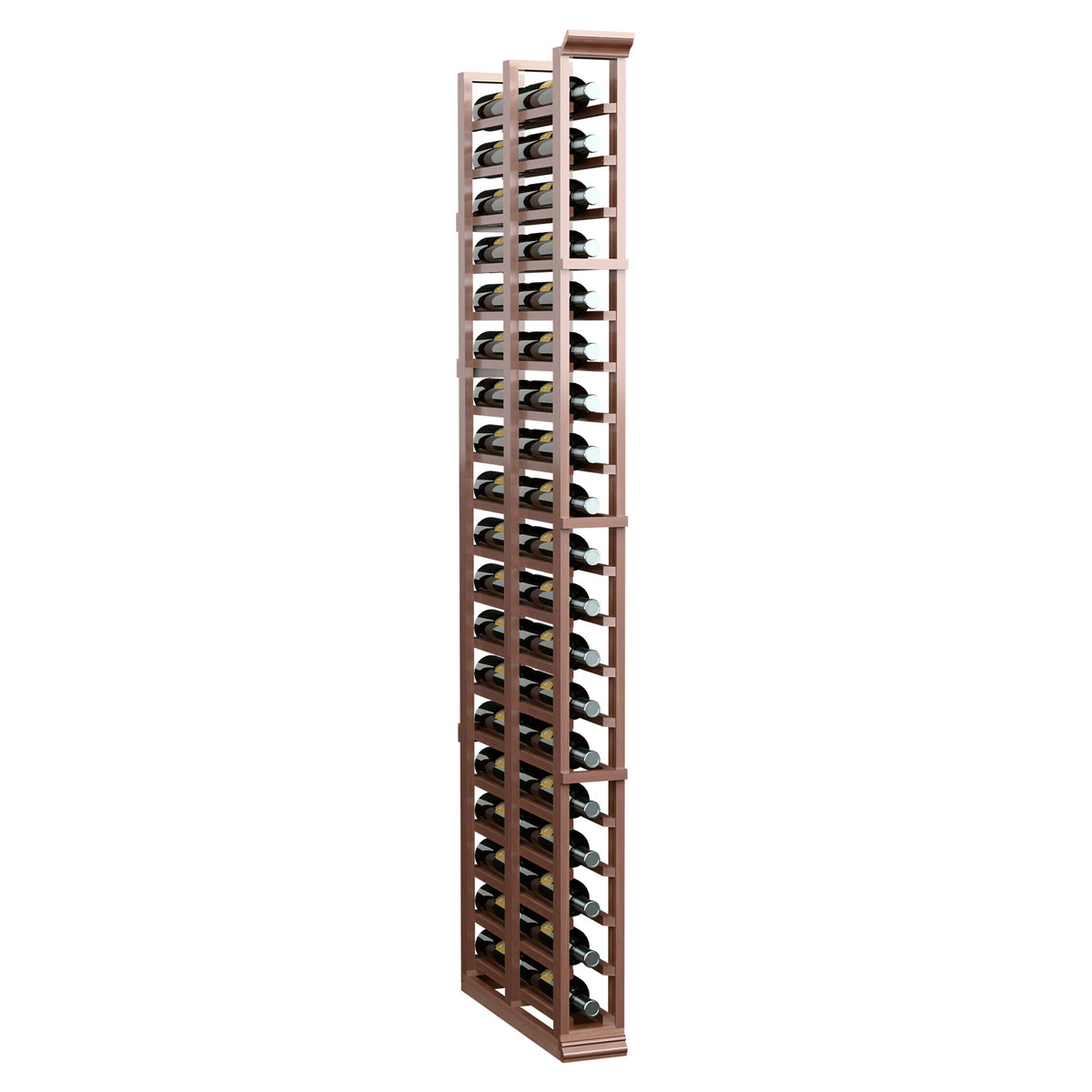 Wood wine rack holding bottles in two deep columns, dark stained finish