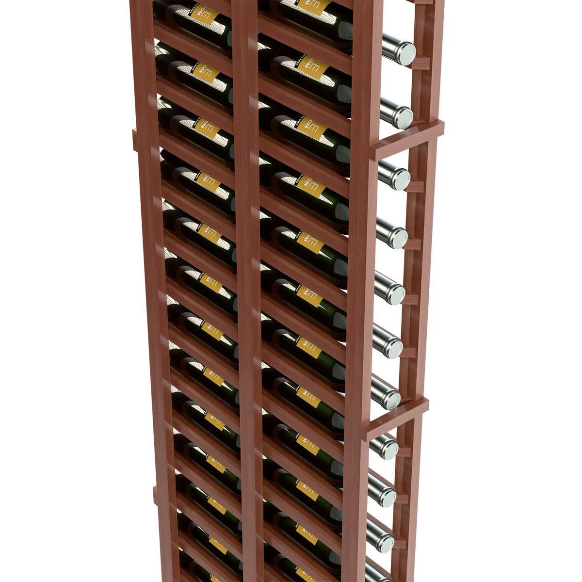 Wood wine rack with bottle slots and metal row caps on side, dark stain