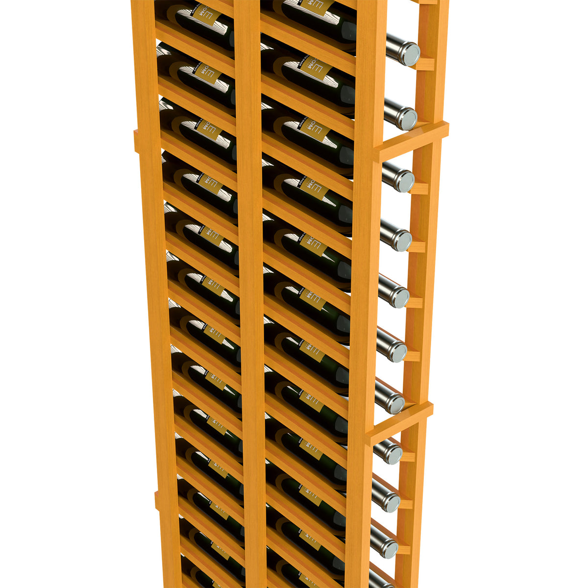 Amber wood wine rack with bottle slots and round metal pegs