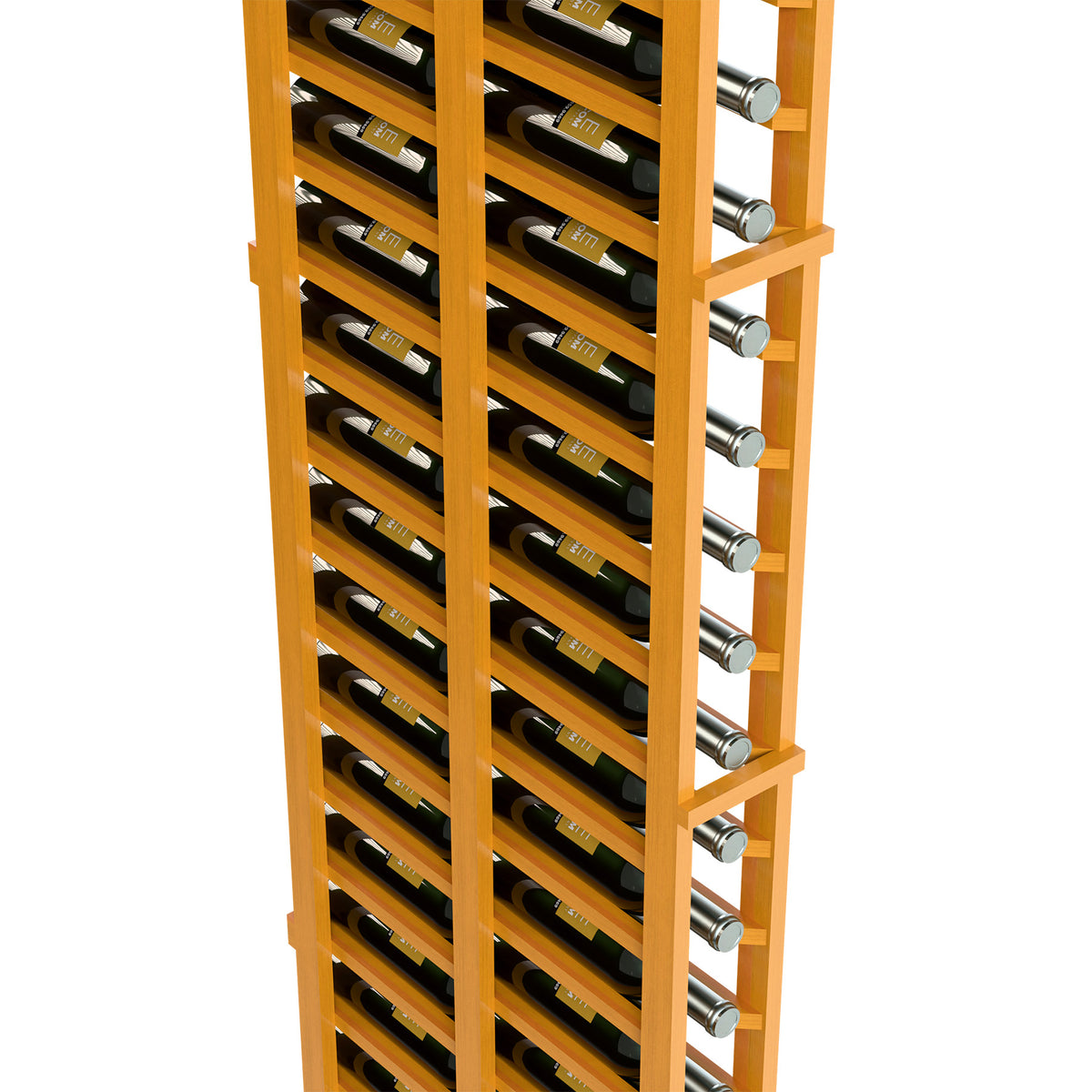 Amber wood wine rack with bottle slots and metal row pegs