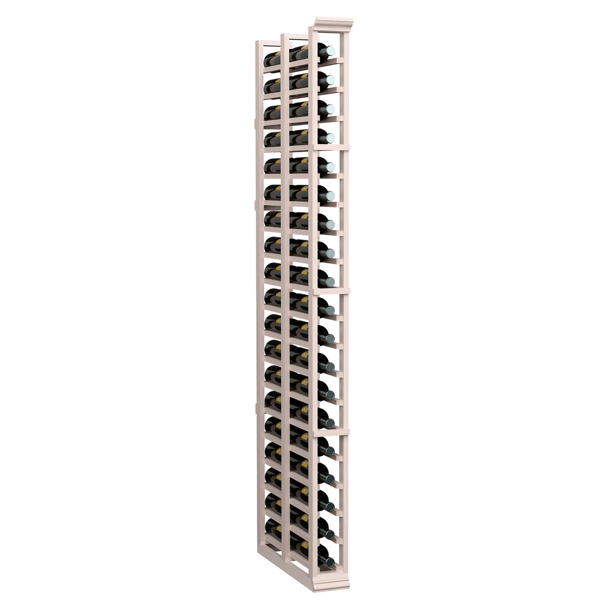 Whitewash wood wine rack holding bottles in two deep columns