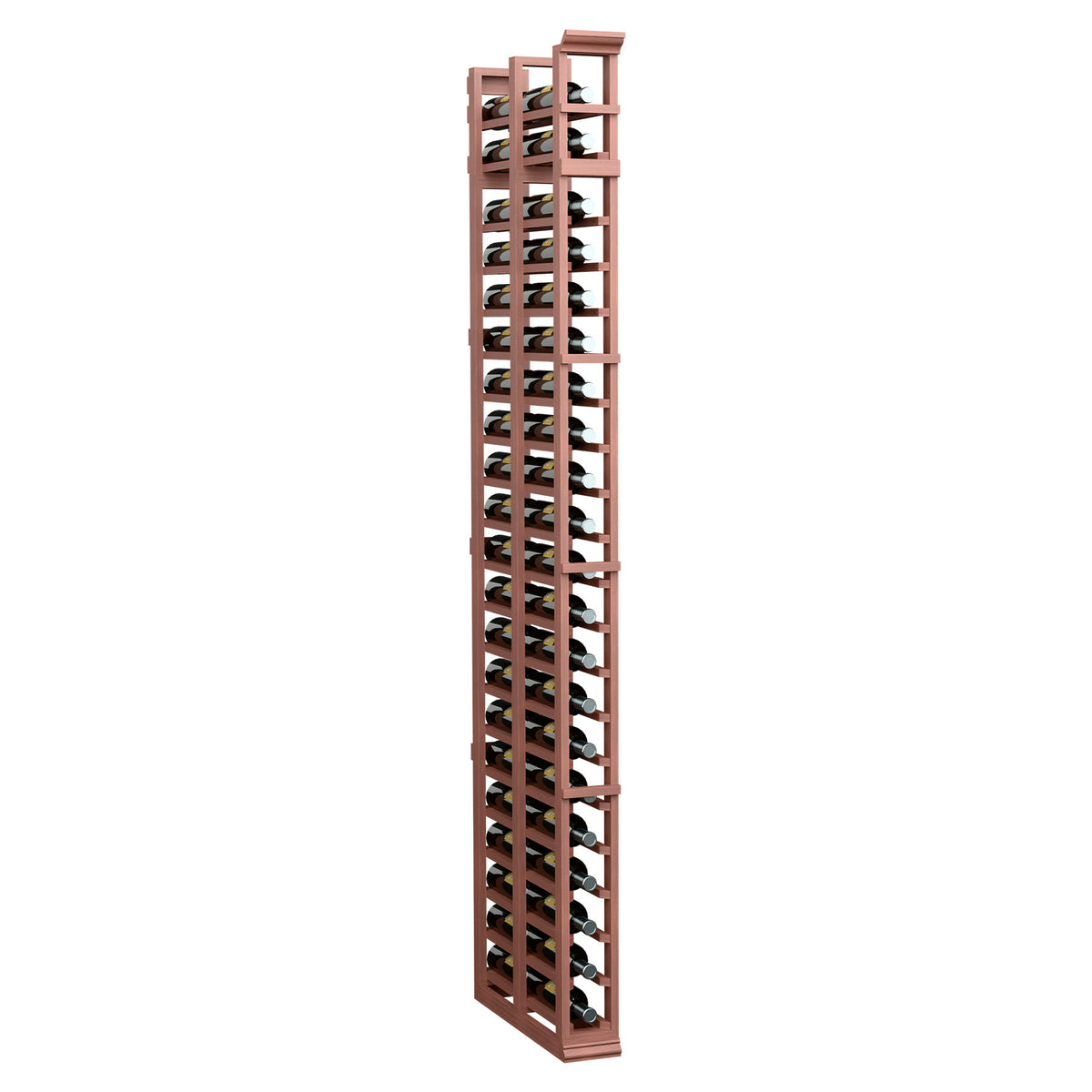 One-column double-deep standard rack with reddish wood frame and crisscross storage slots