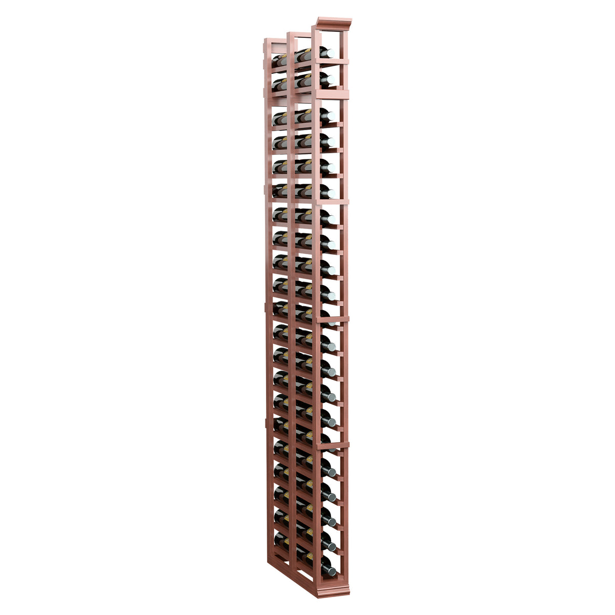 One-column double-deep standard rack with warm brown wood frame and crisscross storage slots