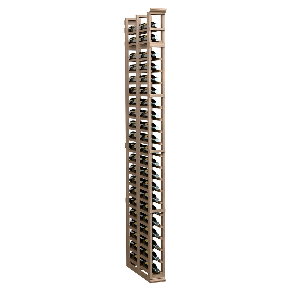 One-column double-deep standard rack with medium brown wood frame and crisscross storage slots