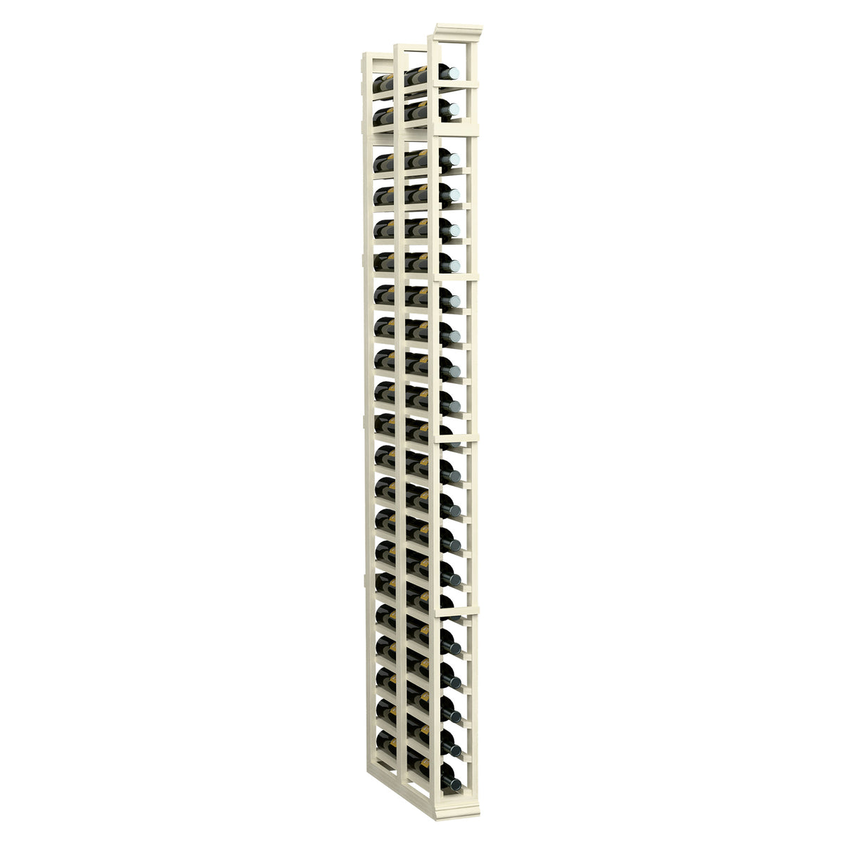 7ft double-deep wine rack in white wood with vertical bottle slots