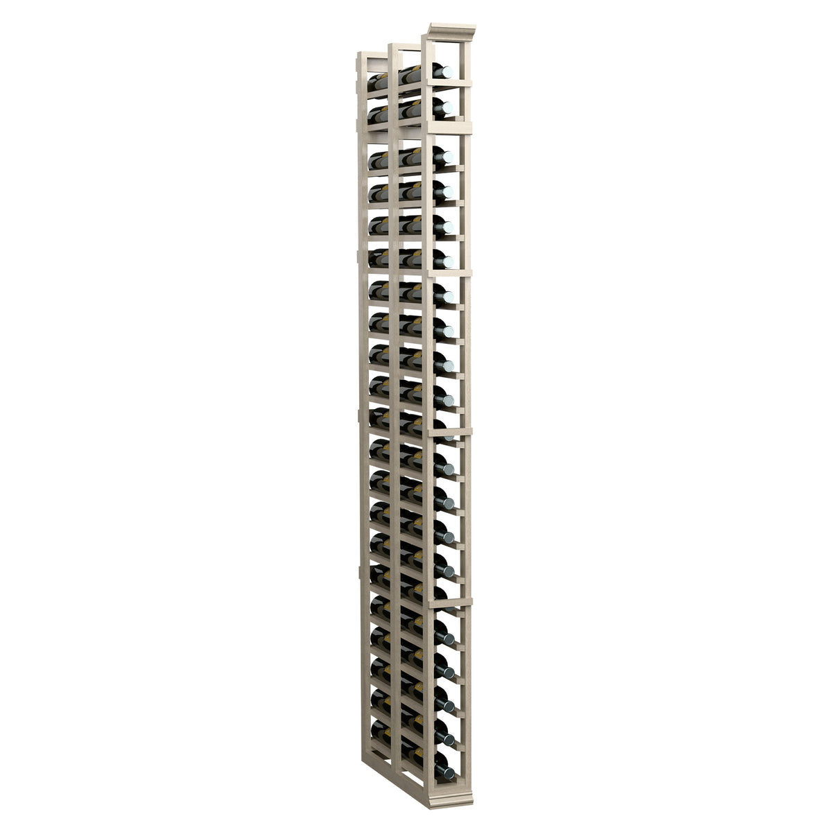 7-ft double-deep wine bottle rack with open wooden slots, light gray finish
