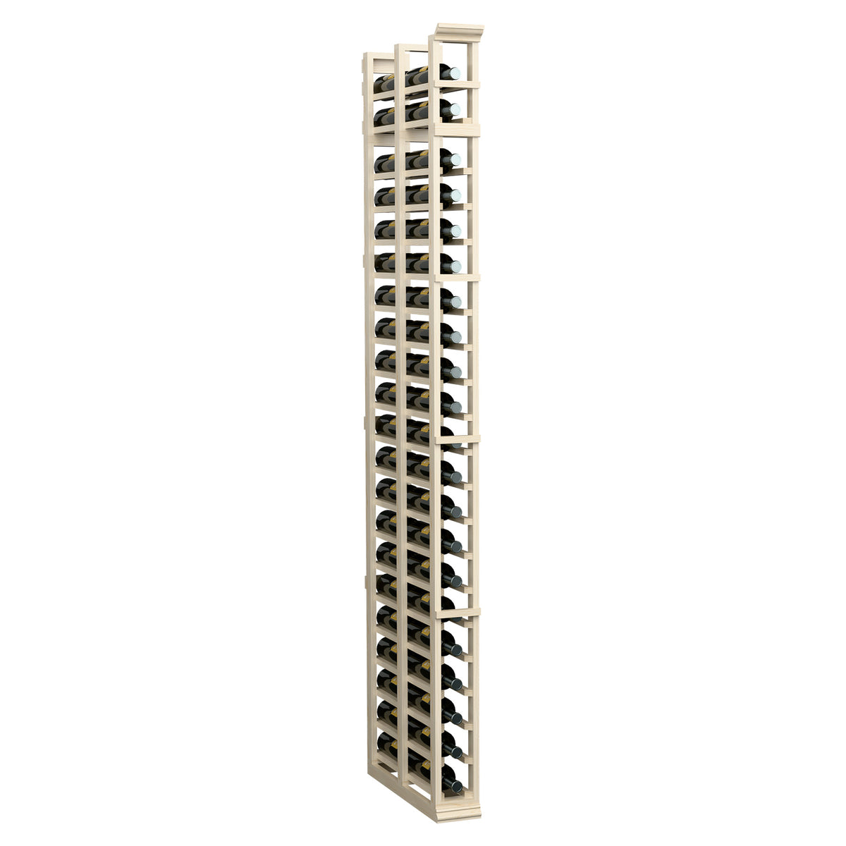 Natural wood double-deep bottle rack, tall 7FT, side view of stacked cubbies