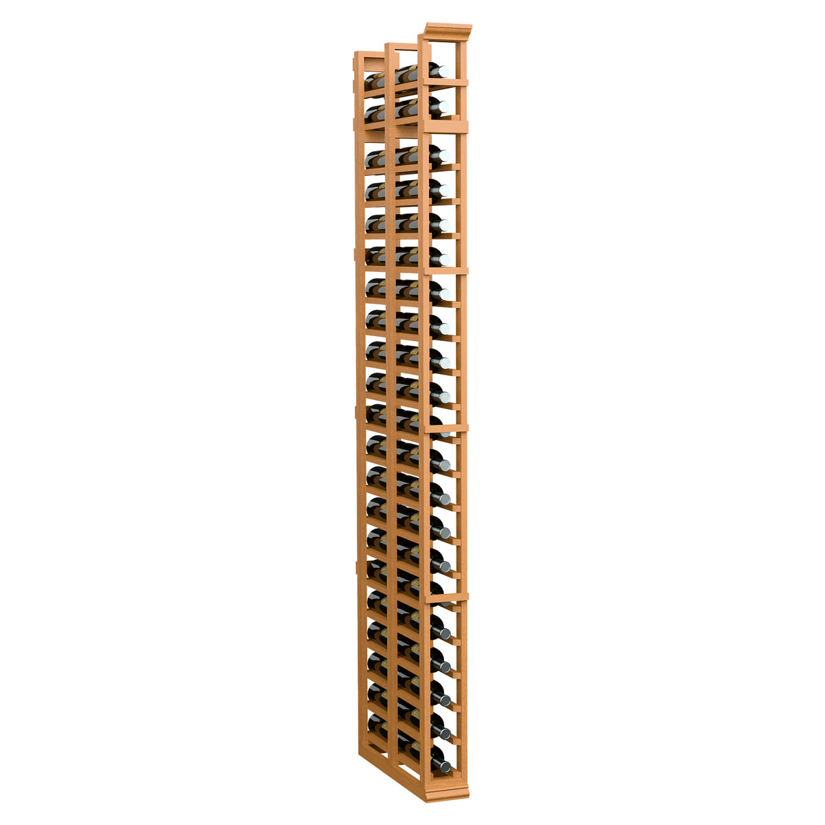 Wheat-toned wood double-deep bottle rack, tall 7FT, front with stacked slots