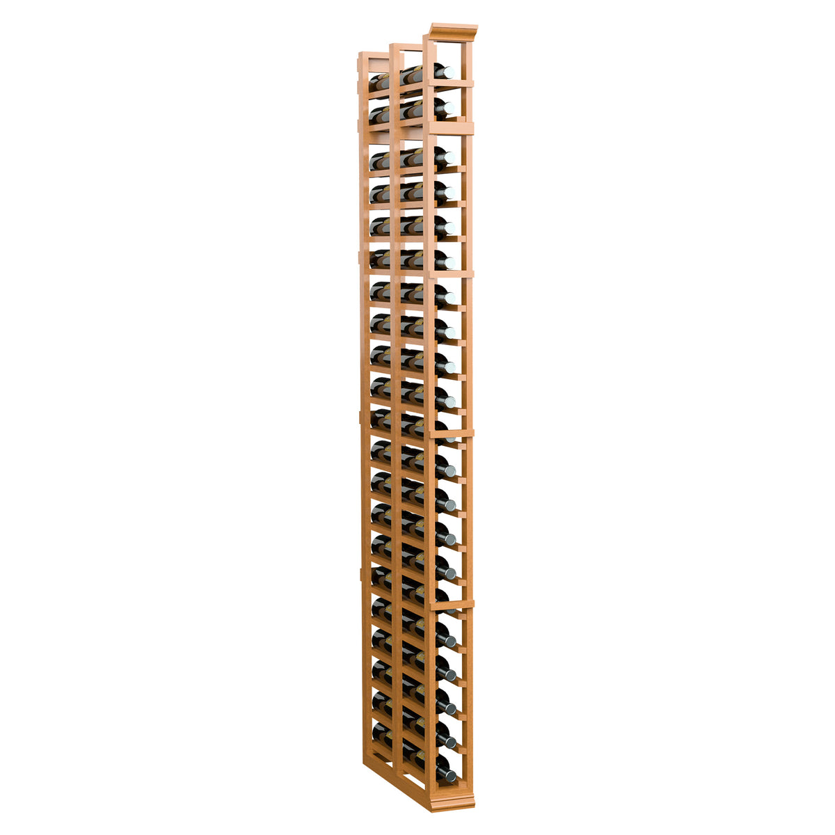 Wheat-toned wood double-deep bottle rack, tall 7FT, side view of bottle openings