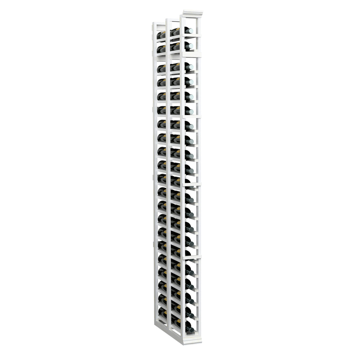 White finish double-deep bottle rack, tall 7FT, angled view of cubbies