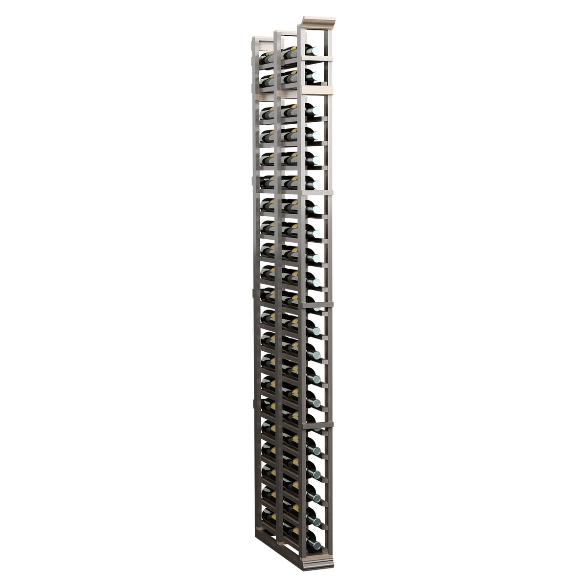 7ft double-deep bottle rack with light wood frame and gray open crisscross storage