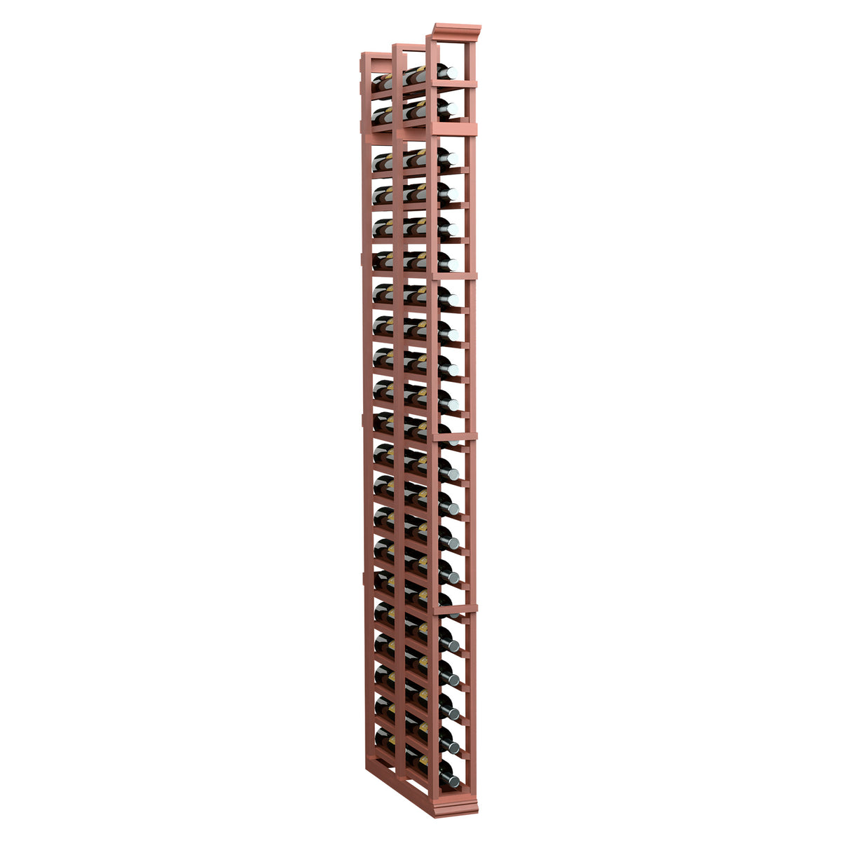 7ft double-deep bottle rack with warm red-brown wood frame and open crisscross rows