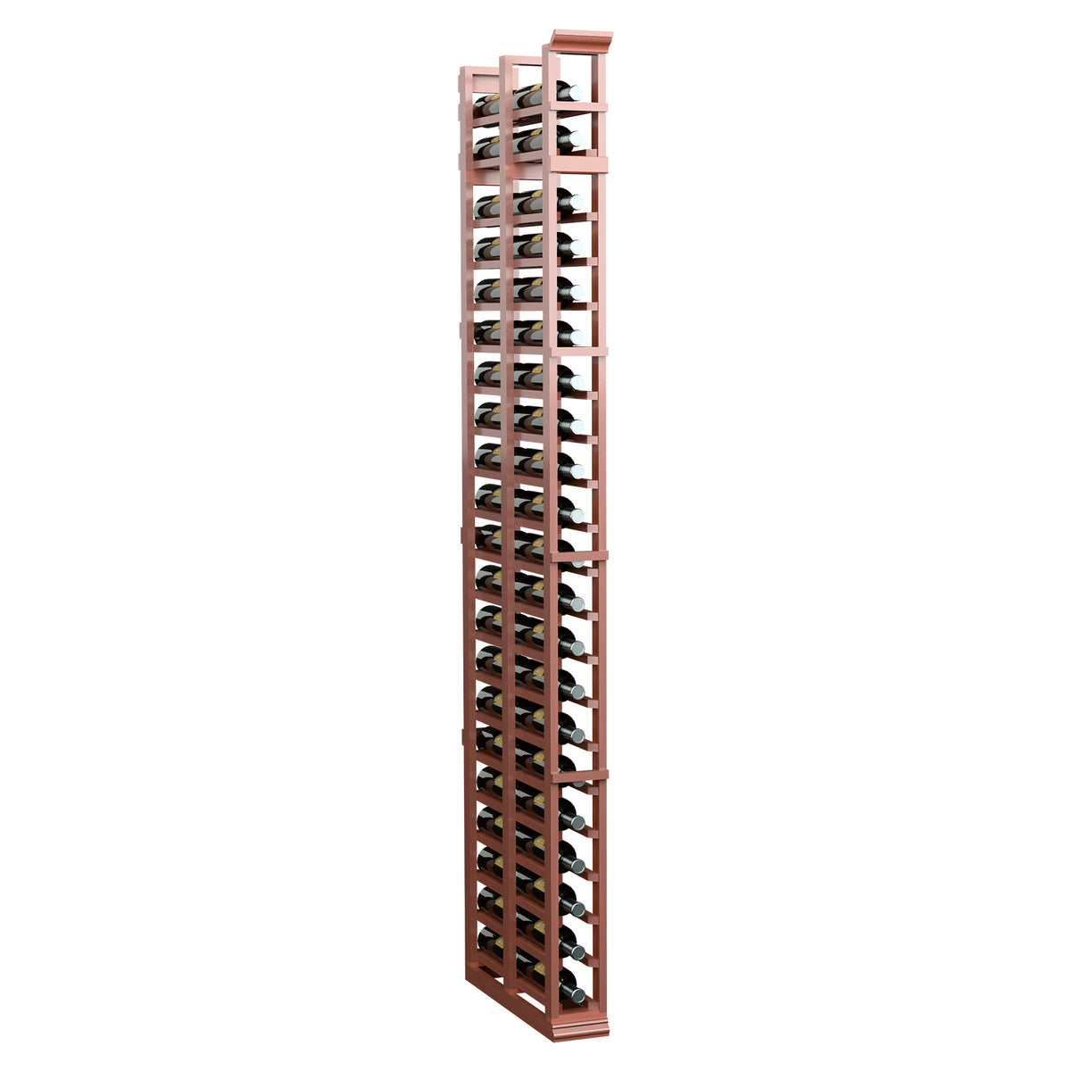 7ft double-deep bottle rack with reddish wood frame and open crisscross bottle storage