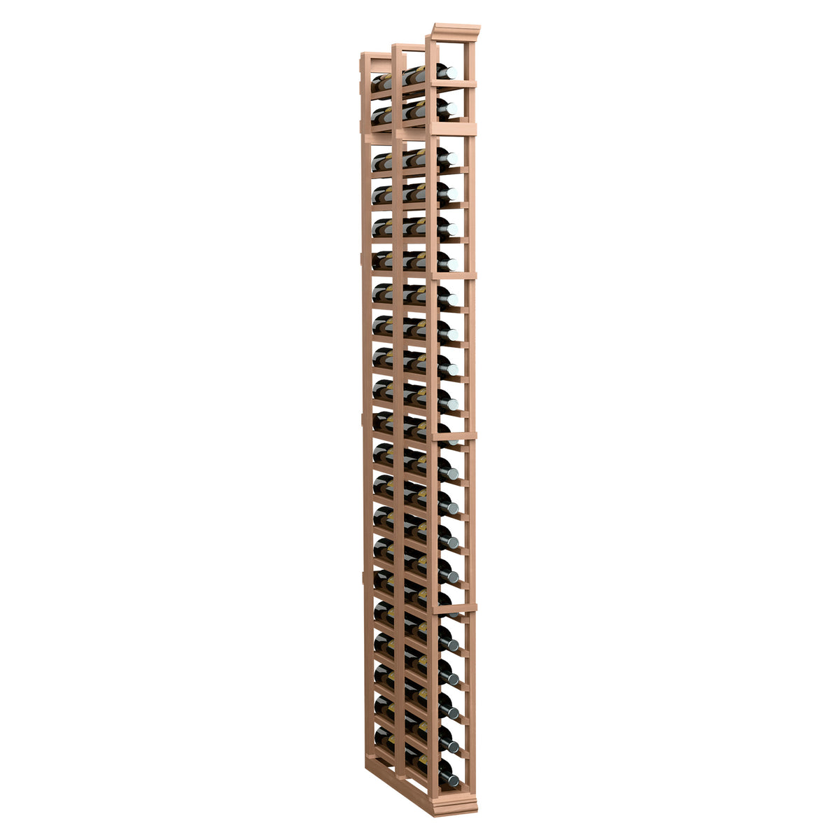 7ft double-deep bottle rack with light natural wood frame and open crisscross rows