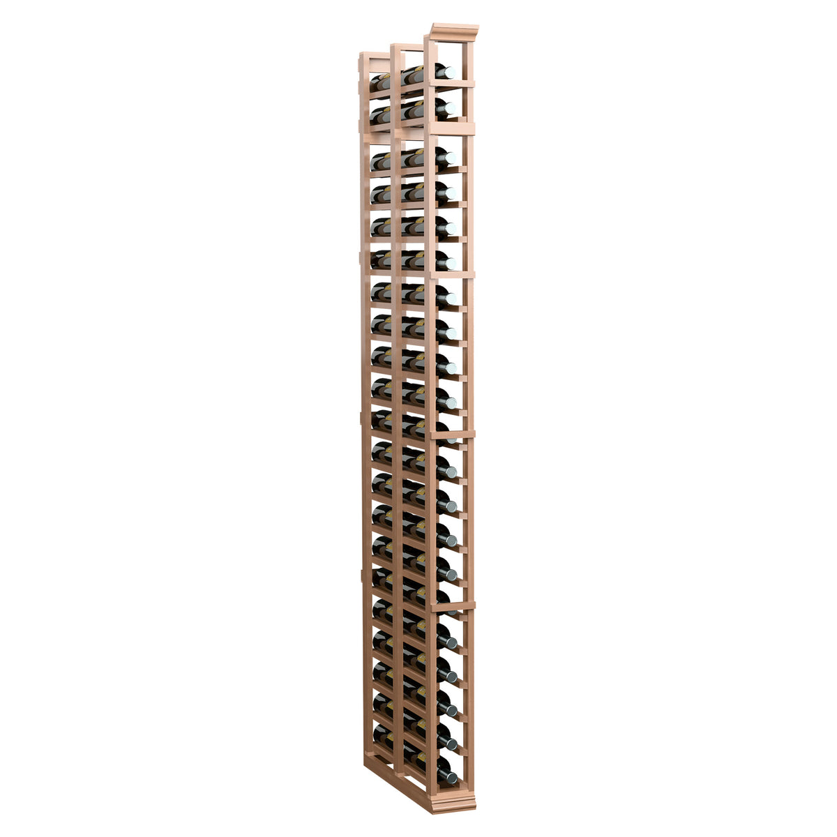 7ft double-deep bottle rack with natural wood frame and open crisscross bottle storage