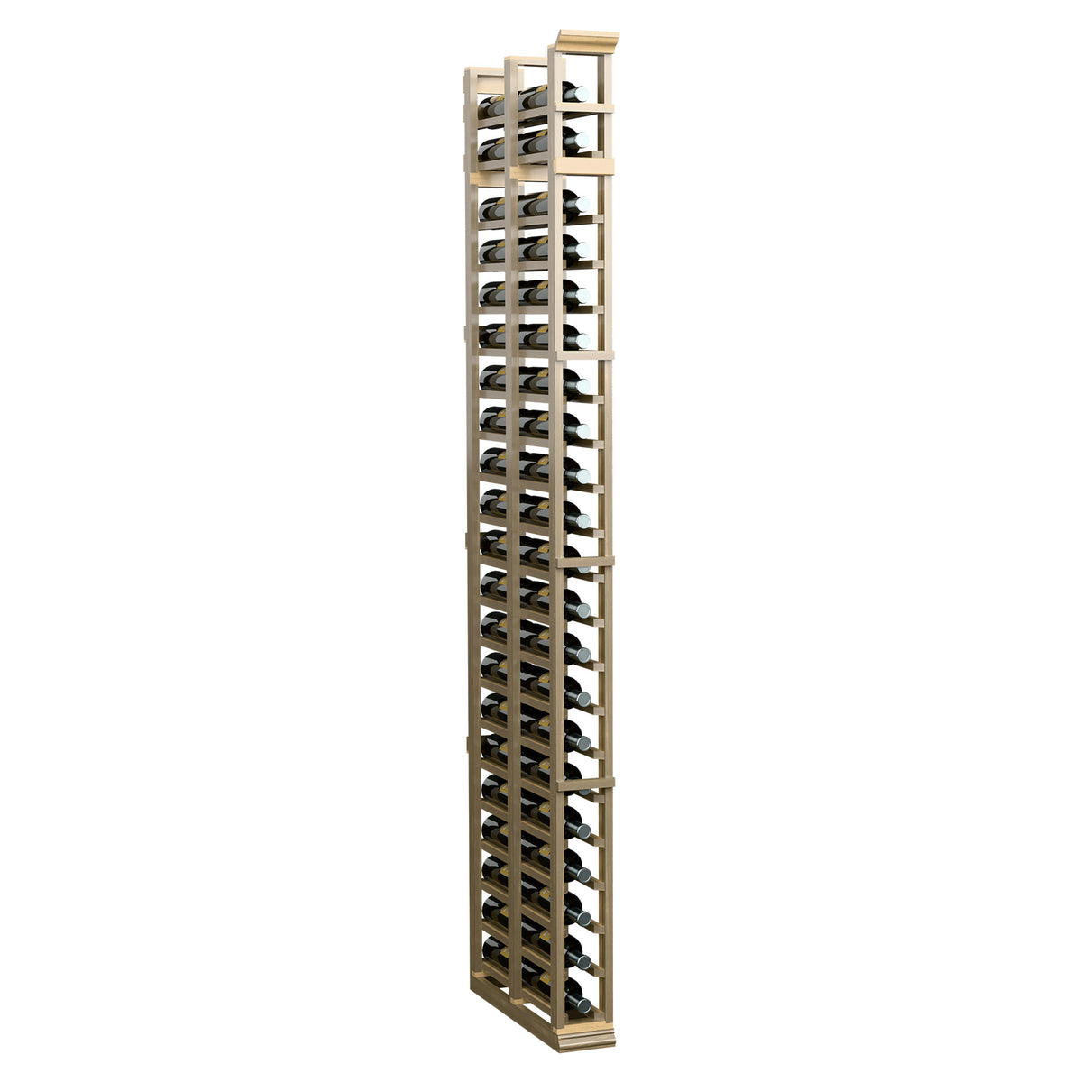 7ft double-deep bottle rack with light wood frame and open crisscross bottle holder grid