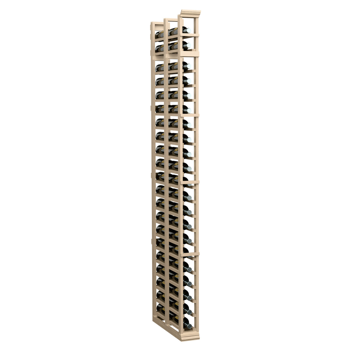 Tall double-deep wooden wine bottle rack, front view with bottle slots