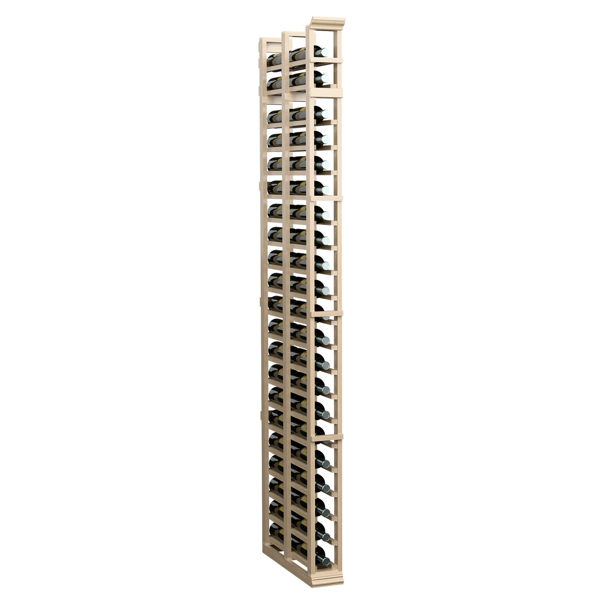 Tall double-deep wooden wine bottle rack, front view with bottle slots