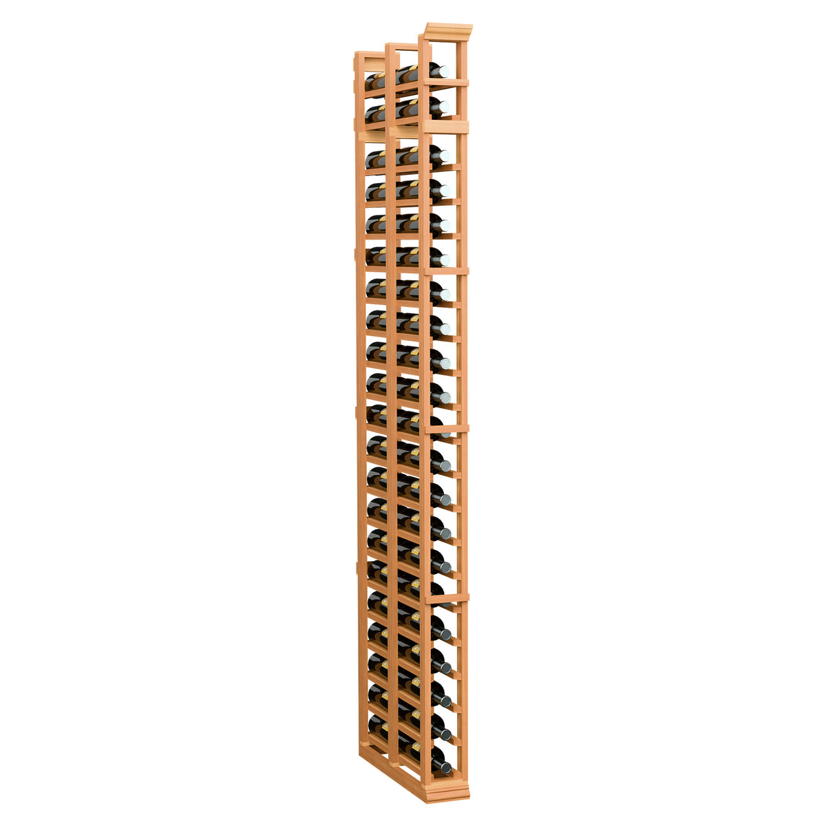 Tall double-deep wooden wine bottle rack, warm stained finish with bottle slots