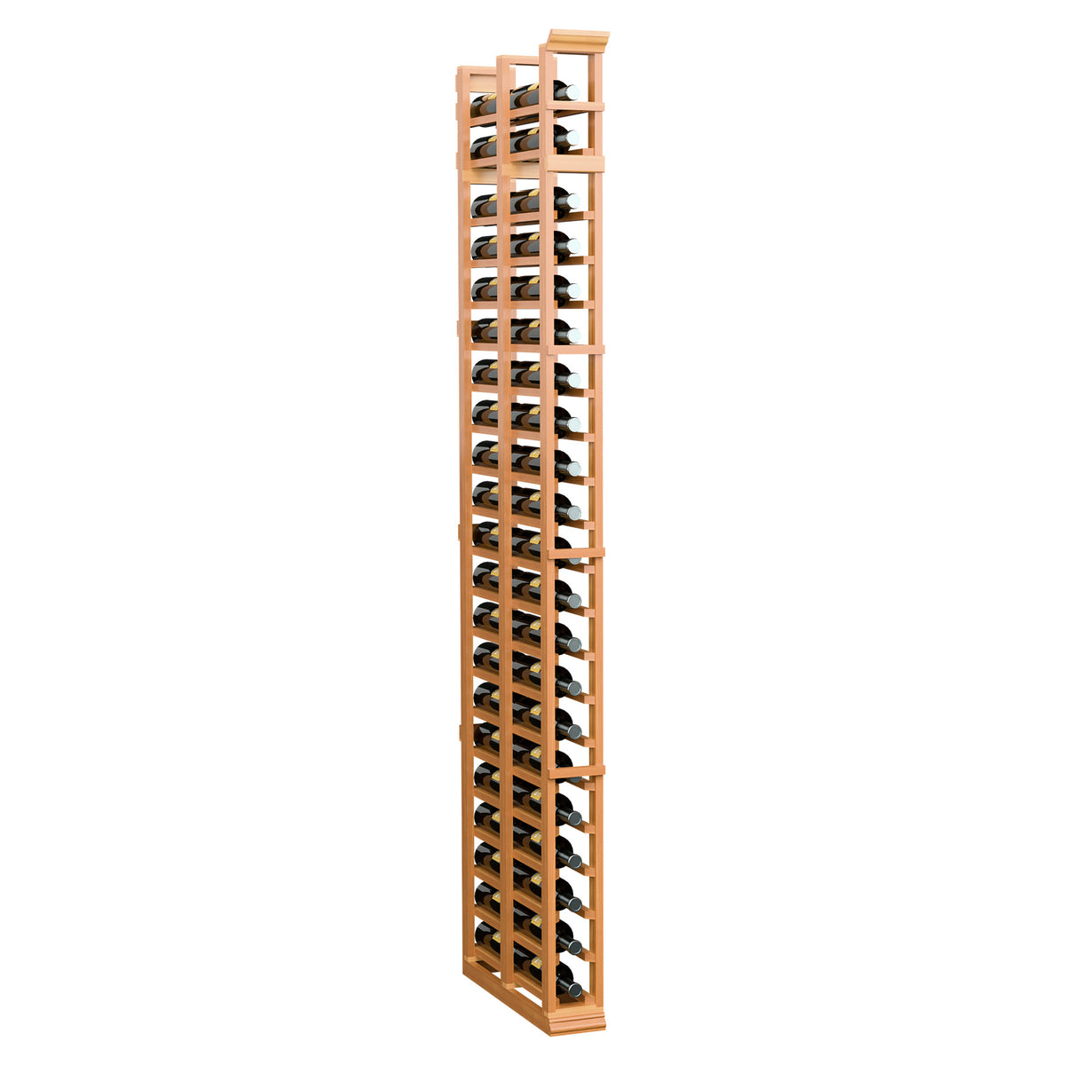 Tall double-deep wooden wine bottle rack, warm stained finish with bottle slots