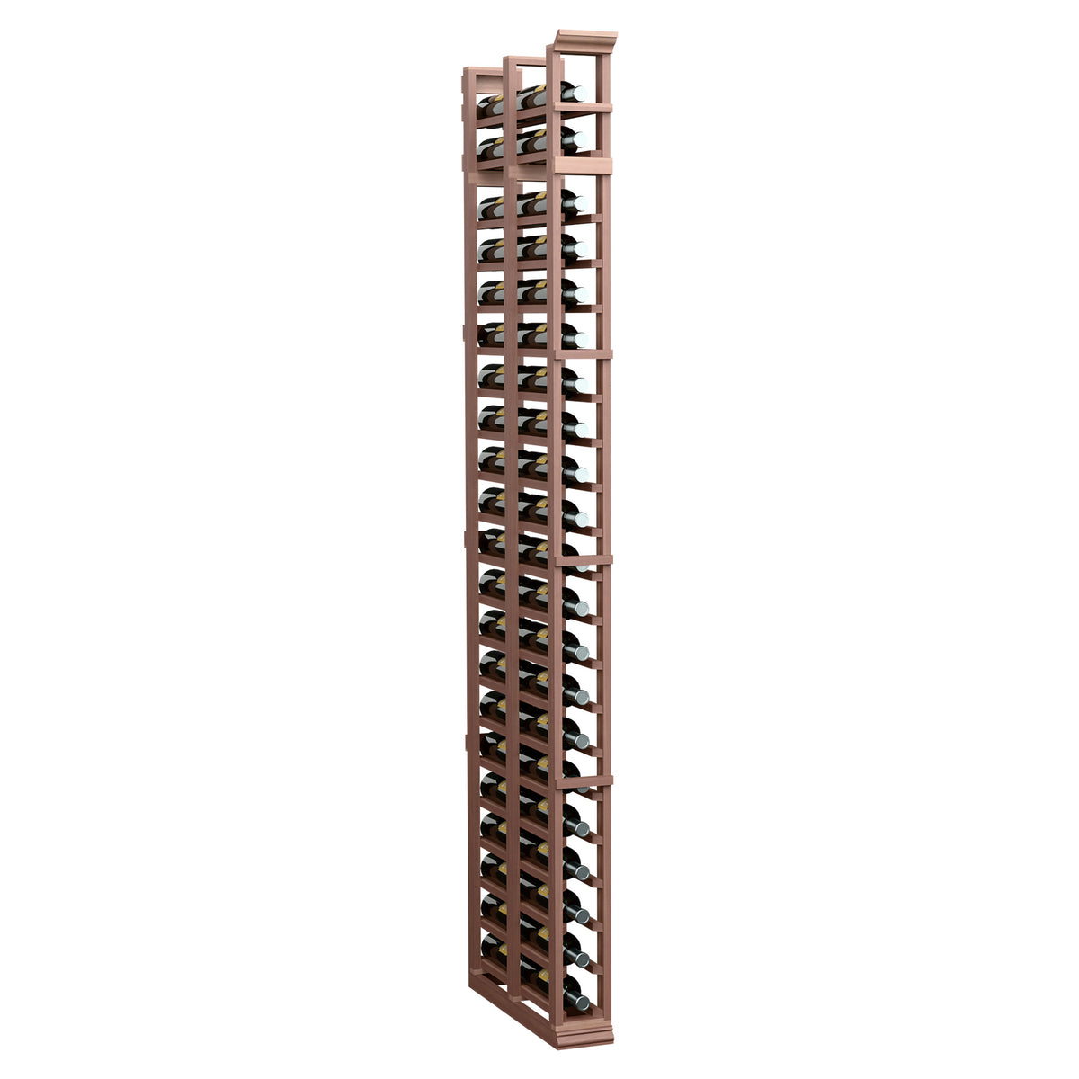 Tall double-deep wooden wine bottle rack, dark stained finish with bottle slots