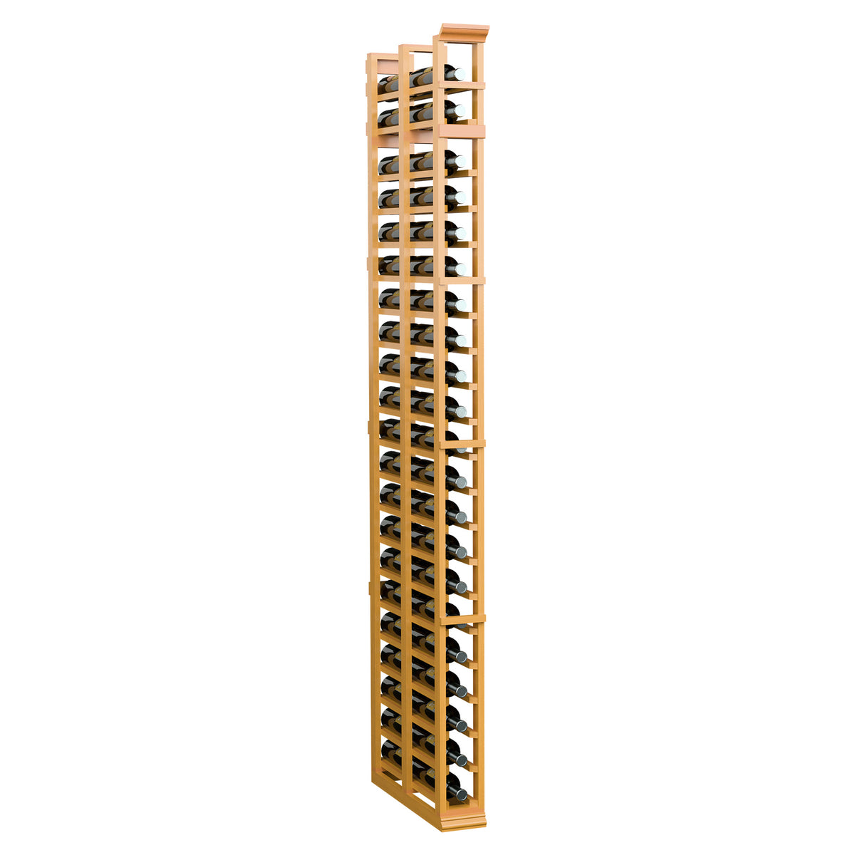 Tall double-deep wooden wine bottle rack, light golden finish with bottle slots