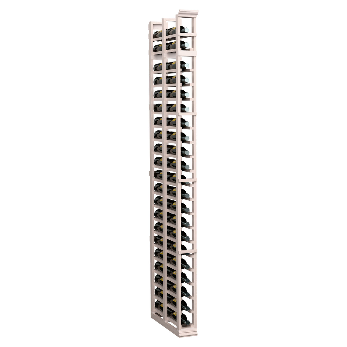 Tall double-deep wooden wine bottle rack, whitewash finish with bottle slots