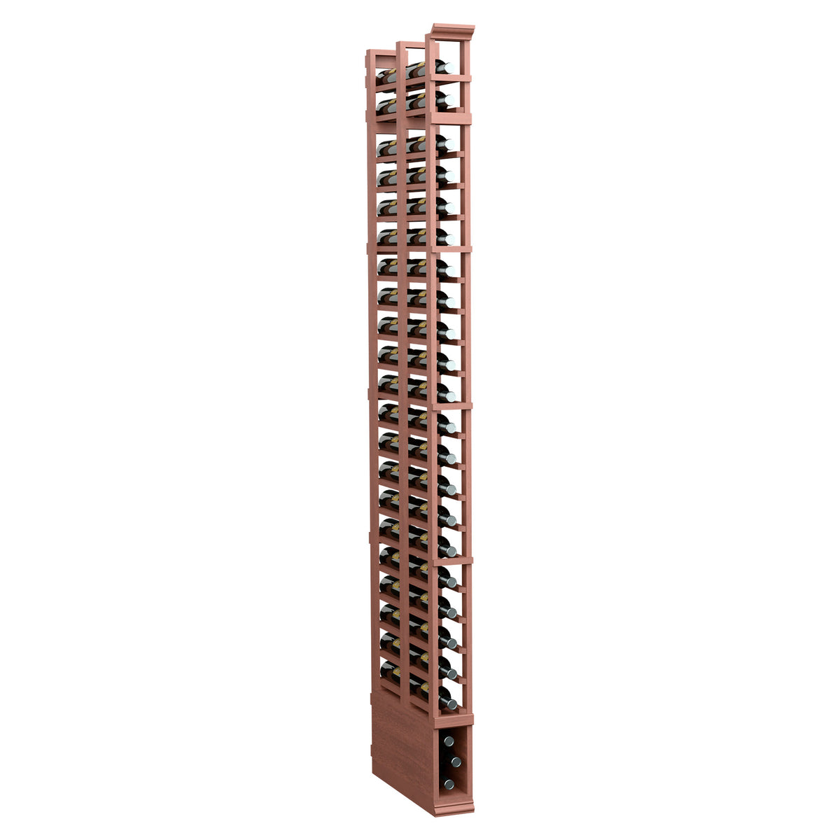 8ft double-deep standard rack, reddish stained wood with open slot rows and end base