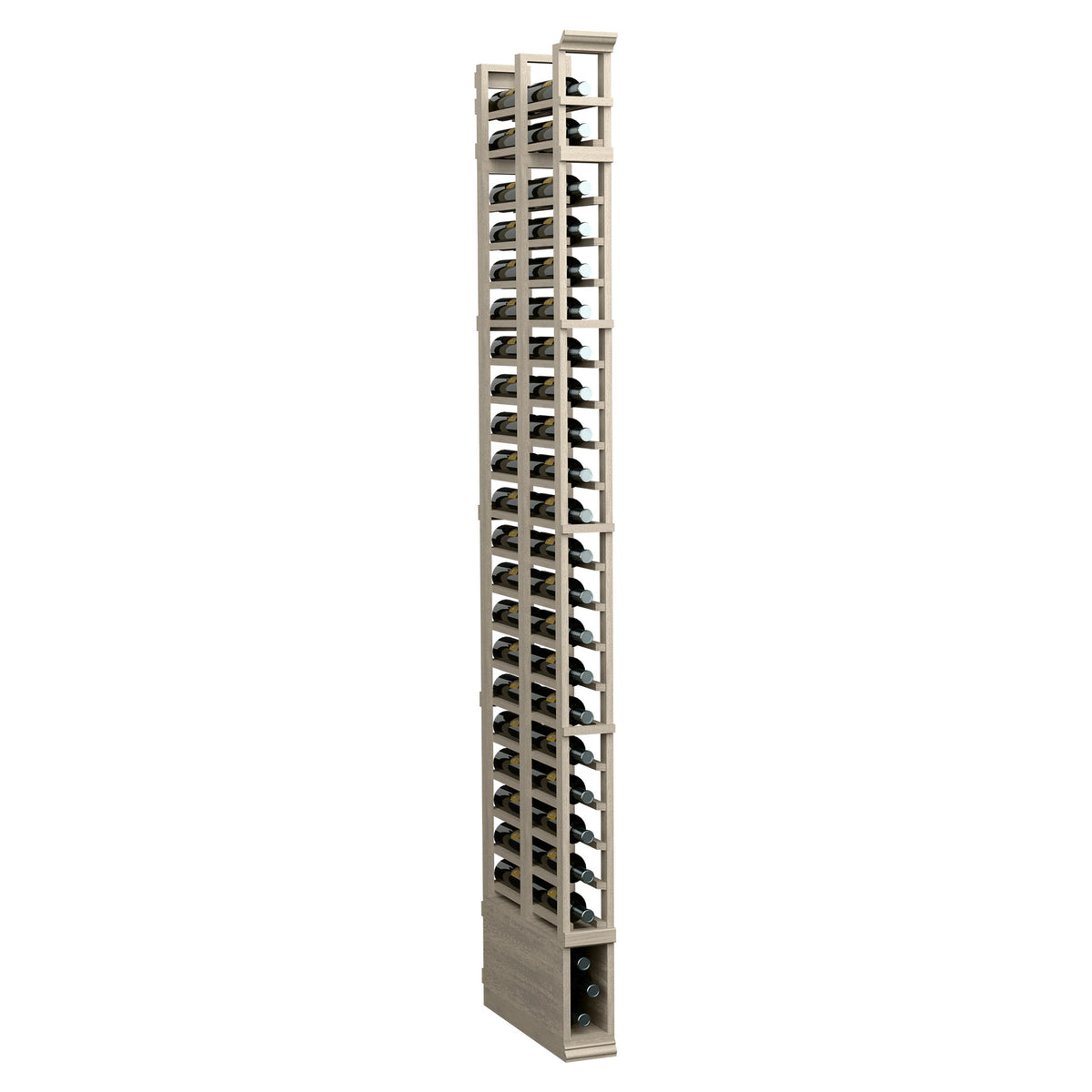 Light grey wooden double-deep wine bottle rack with vertical slots on both sides
