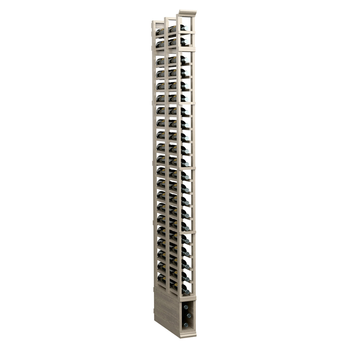 Light grey wooden double-deep wine bottle rack with multiple vertical bottle openings