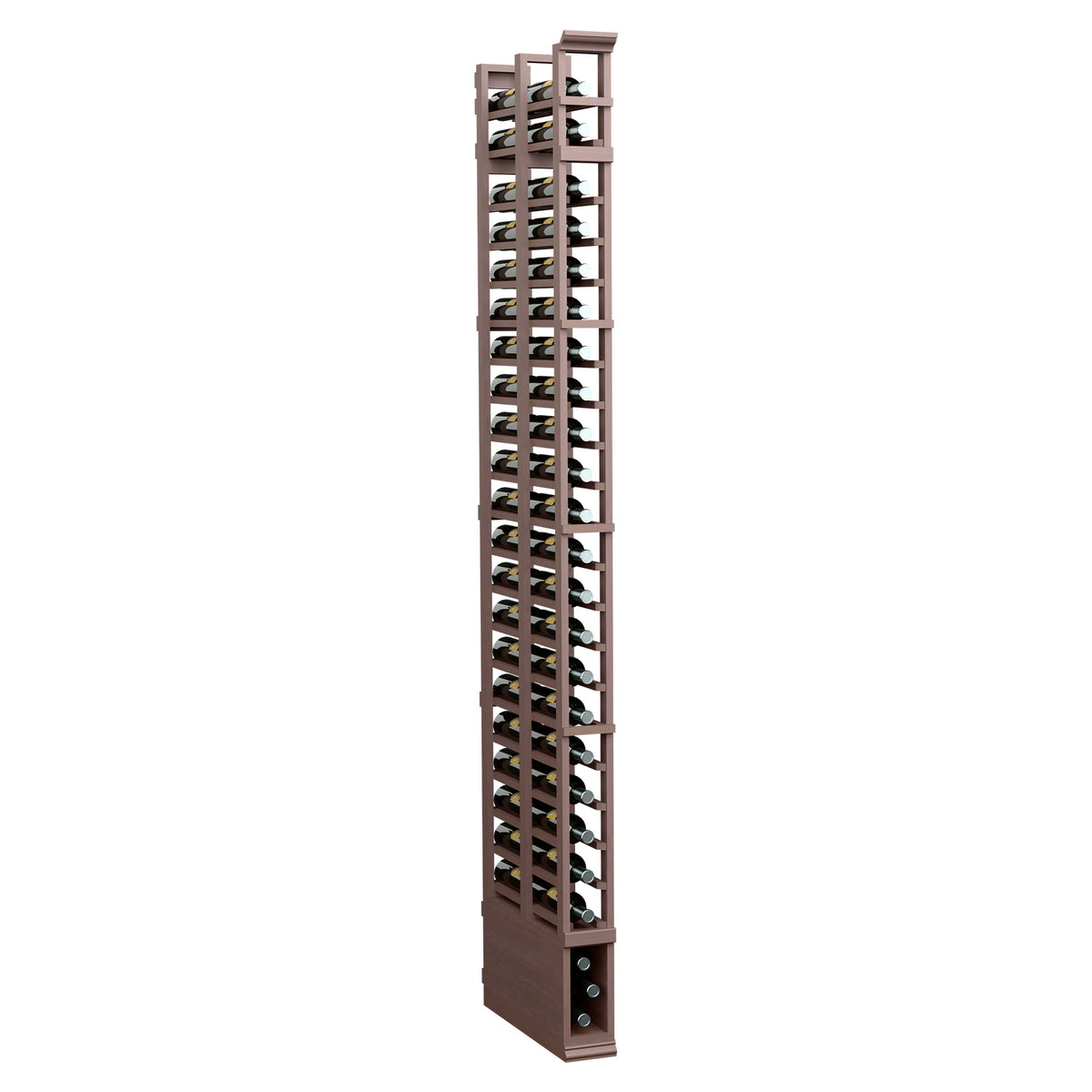 Medium brown wooden double-deep wine bottle rack with vertical rows of bottle slots