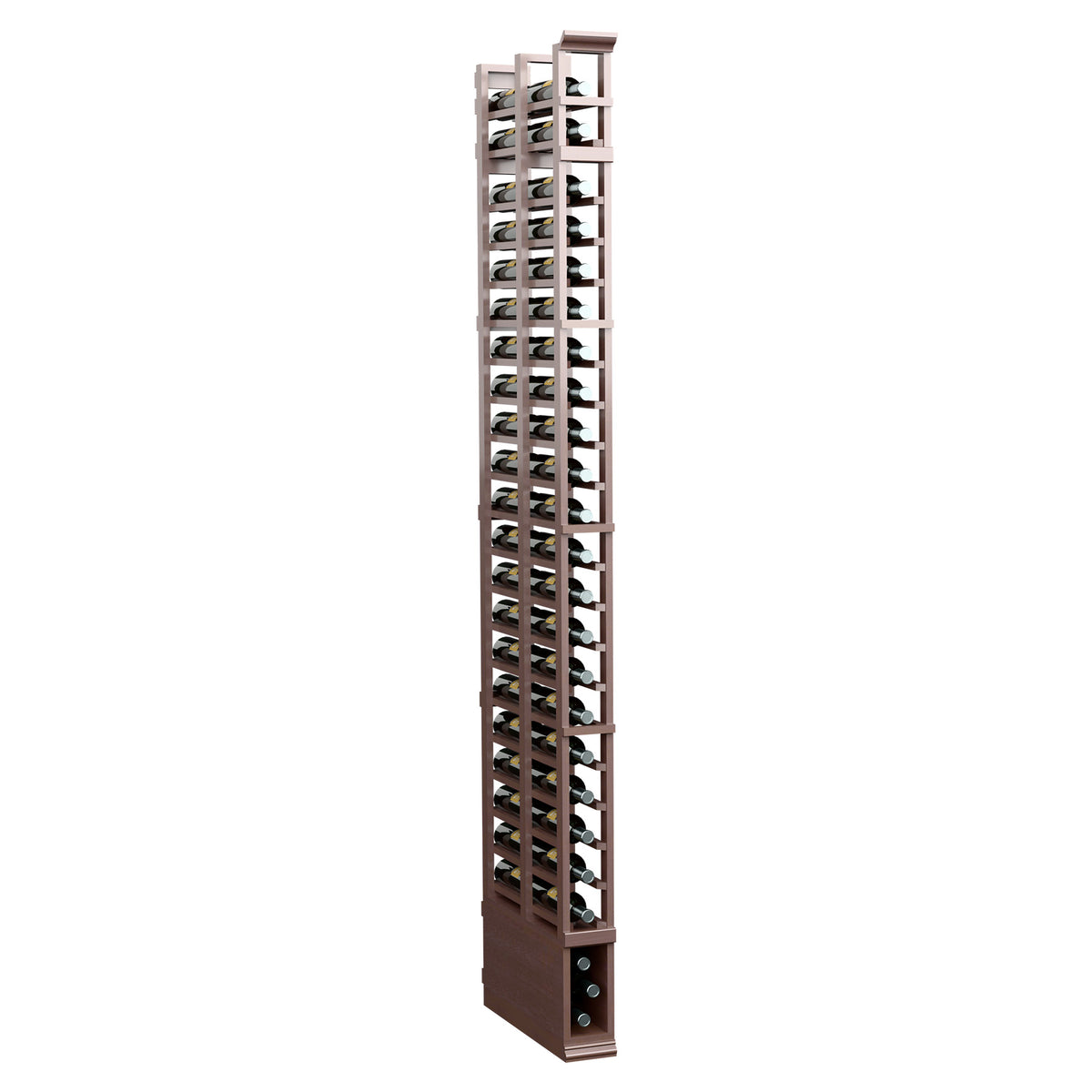 Dark brown wooden double-deep wine bottle rack with stacked vertical bottle openings