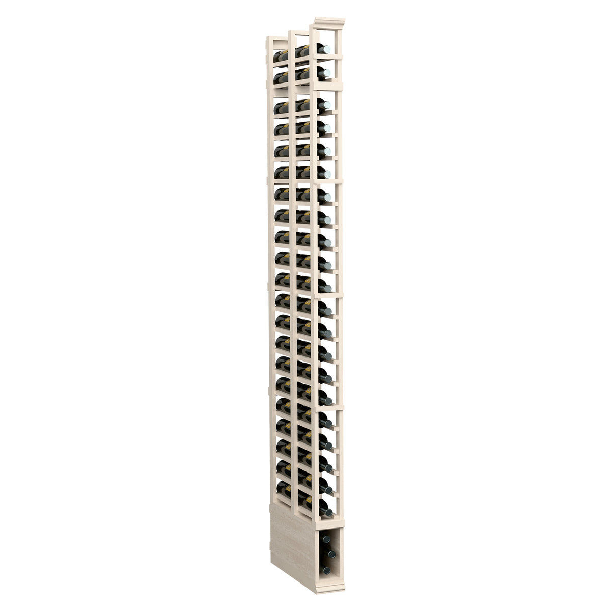 Cream wooden double-deep wine bottle rack with vertical slots for many bottles