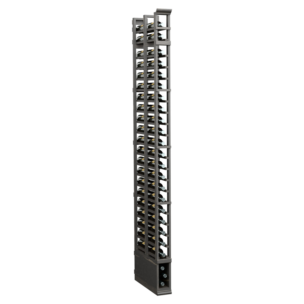 Dark metal and wood double-deep storage rack, tall with grid-style slots