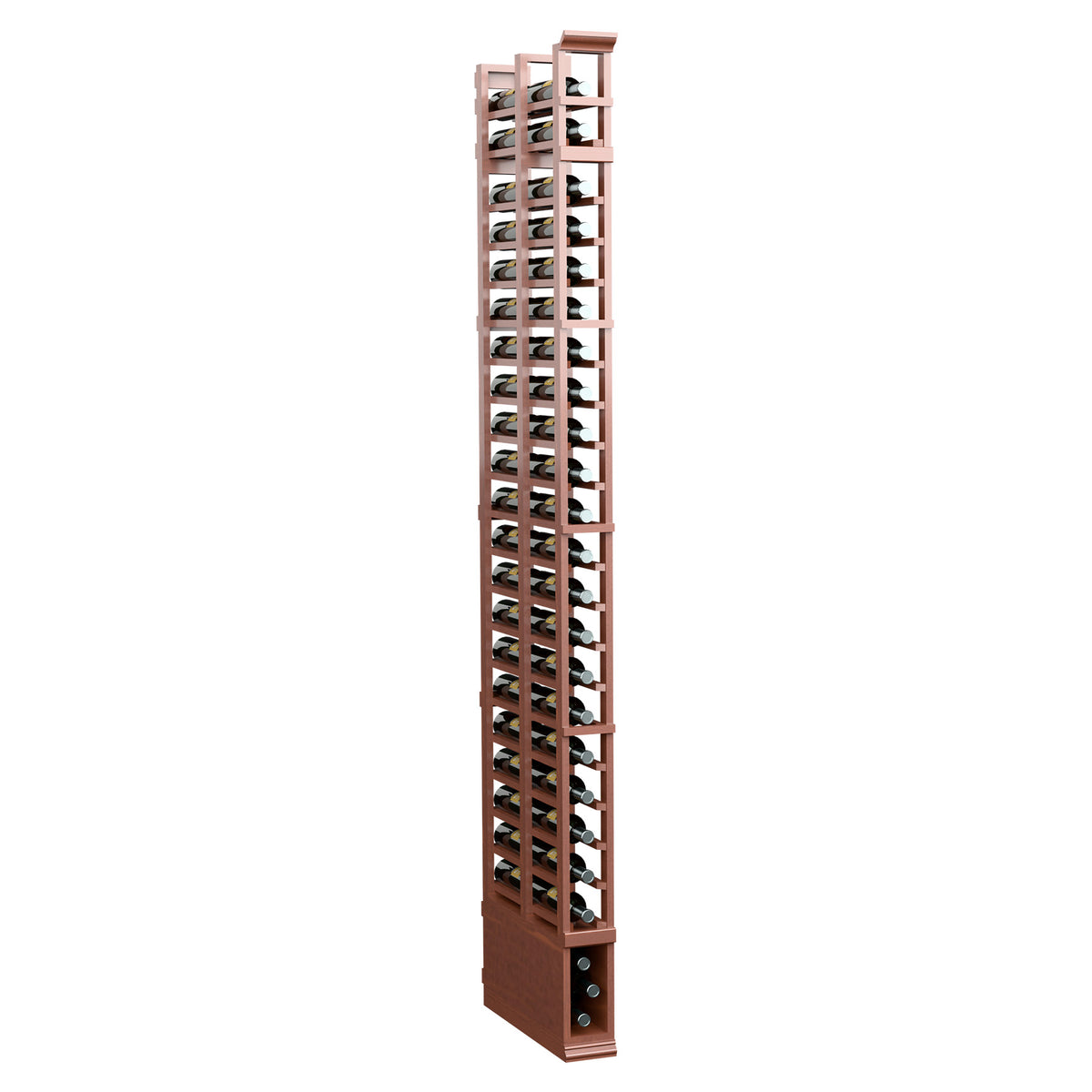 Red-brown wooden double-deep storage rack with dark metal grid-style slots