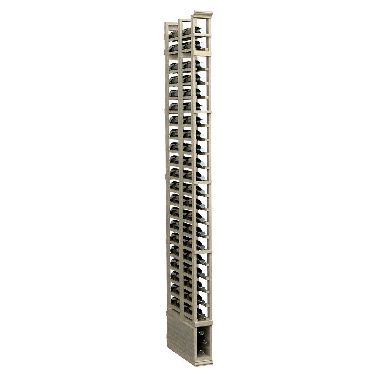 8 ft double deep bottle rack with 1 column, light wood frame and horizontal openings