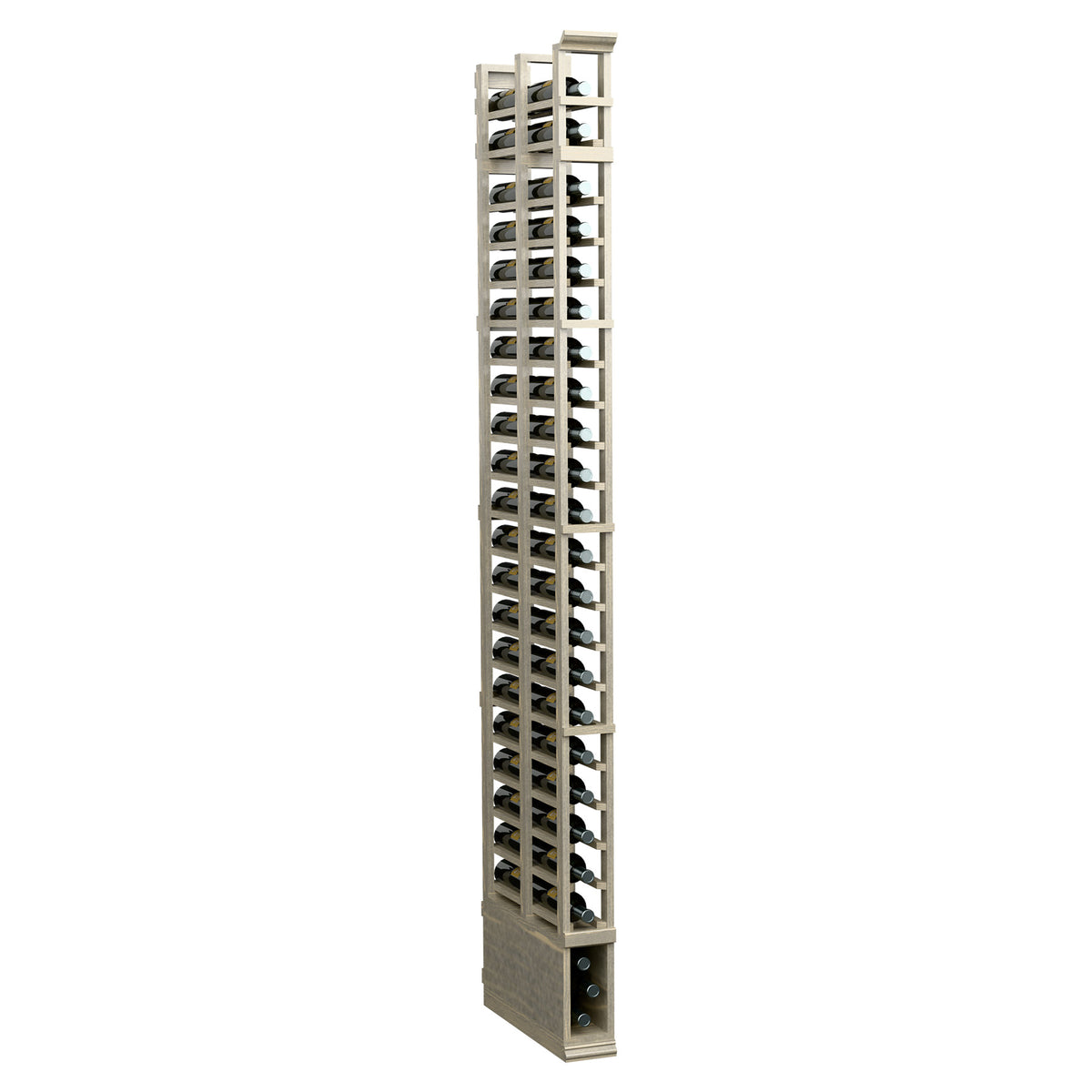 8 ft double deep bottle rack, 1 column, light wood frame with stacked bottle slots
