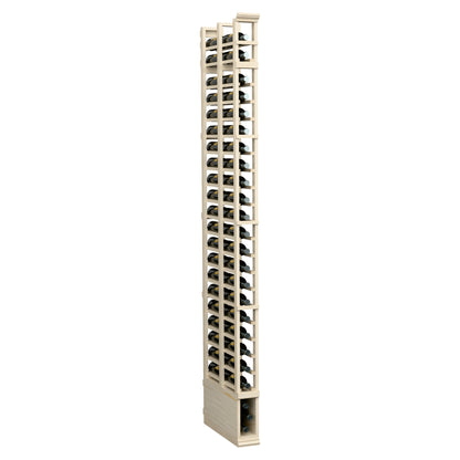 8 ft double deep bottle rack, 1 column view with light wood frame and bottle openings
