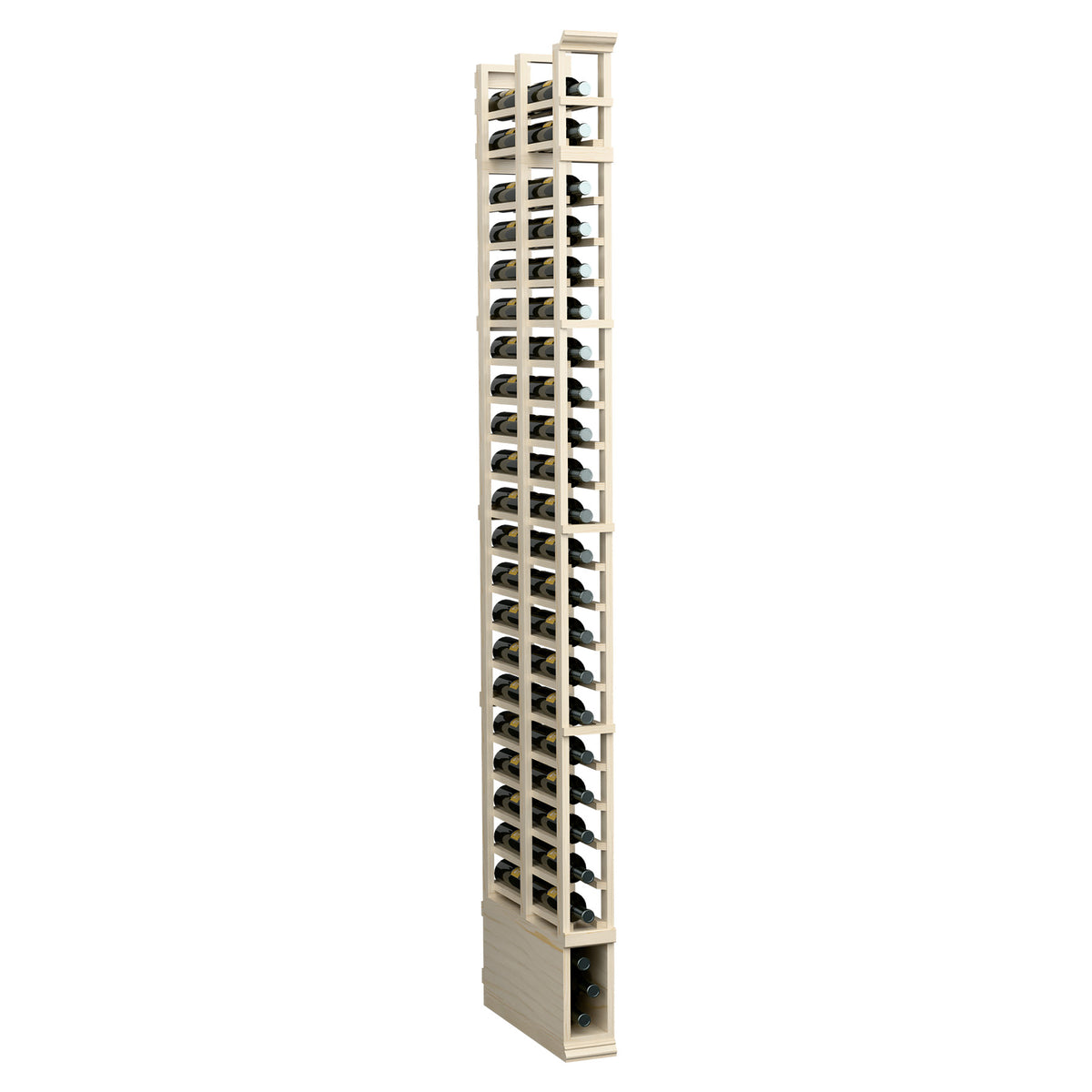 8 ft double deep bottle rack, 1 column, light wood with front-facing bottle holders